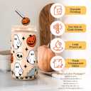 Halloween Gifts for Women Halloween Pumpkin Ghost Iced Coffee Cup Gift for Women Men Kids Teen Adults Spooky Pumpkin Glass Tumbler 16oz Glass Tumbler with Lid and Straw