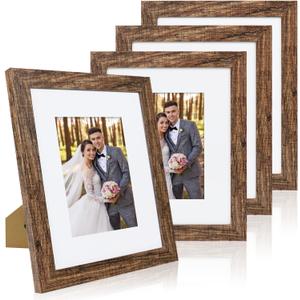 Hongkee 8x10 Picture Frame Set of 4, Made of Real Glass and Rustic Brown Wooden Frame, 8 by 10 Photo for Wall or Tabletop - Display Picture 5x7 with Mat or 8x10 Without Mat