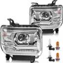 Headlight Assembly with LED DRL Compatible with GMC Sierra 2014-2018 1500 | 2015-2019 2500HD/3500HD Base/Denali/SLE/SLT, Headlamp Replacement with LED DRL, with Bulbs, Chrome Housing White Reflector