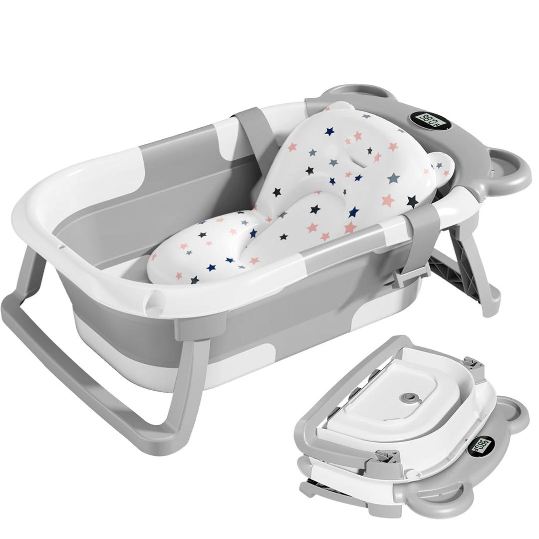 TPN Collapsible Baby Bathtub with Soft Cushion & Real-Time Thermometer Monitor, Foldable Infant to Toddler Tub (0-36 Months), Portable for Travel & Home Use (Grey)