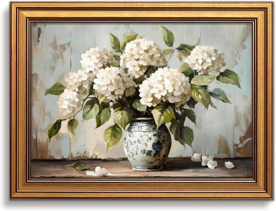 Vintage Hydrangea Wall Art, Gold Framed flower Paintings, Floral Pictures Wall Decor, Botanical Canvas Prints, Rustic Antique Artwork, Modern Organic Home Decor for Bedroom Living Room 16x24 Inch