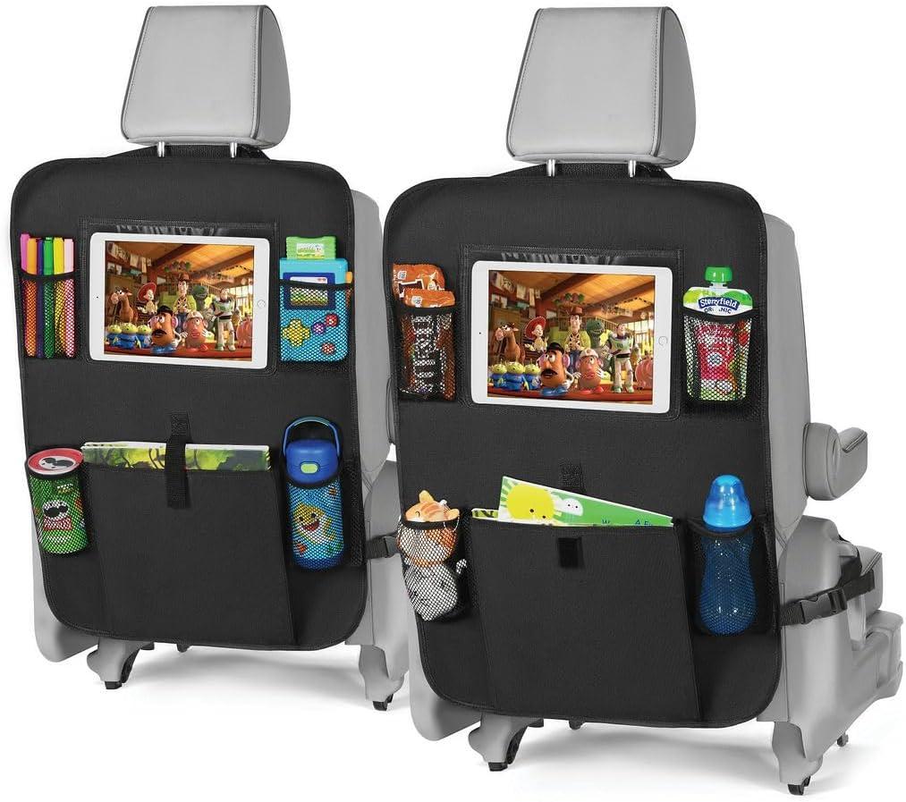 lebogner Back Seat Cover for Kids + 6 Pocket Storage Organizer, 2 Pack X-Large Kick Mats Backseat Protector with iPad Tablet Holder, Car Seat Back Protectors for Vehicles to Protect from Dirt & Mud (Black - 5 Pocket)