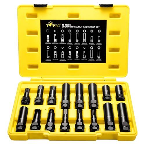 Topec 16-Piece Locking Lug Nut Master Key Set | 5, 6, 7, 12 Spline Socket Set, Star and Internal Hex Style Lug Nut Key Set, CR-MO Steel (Not for Hex, Deep, Large-Size, and 10-Spline)