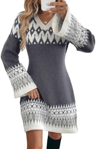 ZAFUL Sweater Dresses for Women 2025 Fall V Neck Long Sleeve Knit Color Block Fair Isle Pullover Sweaters Mini Dress S