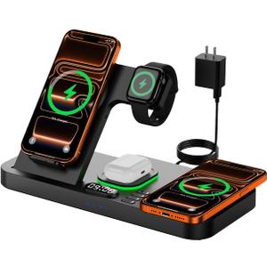 Dual Phone Magnetic Wireless Charging Station for Apple Ecosystem, Wireless Charging Station for Apple Devices with Auto Switch 7-Color Light & Clock,for iPhone17,for iwatch11, for AirPods Pro3(Black