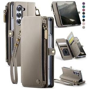 Defencase Wallet Case Compatible with Samsung Galaxy Z Fold 6 with RFID Blocking Card Holder & S Pen Holder Slot PU Leather Magnetic Snap Flip Zipper Strap Phone Case Fit for Galaxy Z Fold 6, Grey