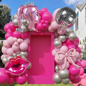 Hot Pink and Silver Balloon Garland Kit 120 Pcs Pink Crown doll Balloons Set for Princess, Cowgirl, Disco Themes for Girls, Women, Adult Coquette Bow Birthdays Princess Baby Showers decoration