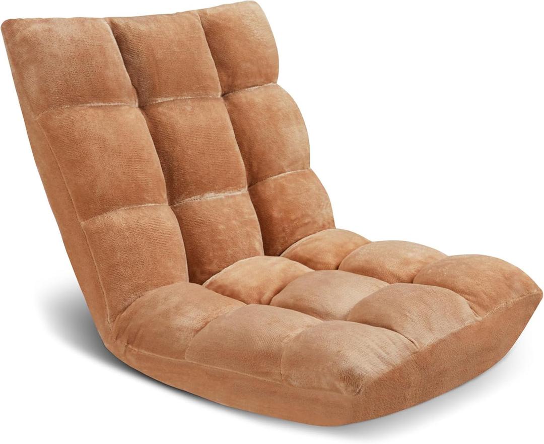 Floor Chair 14 Adjustable Positions w/Back Support, Padded Lazy Sofa w/Breathable Cotton & Skin-Friendly Coral Velve for Reading Meditating Gaming,Camel