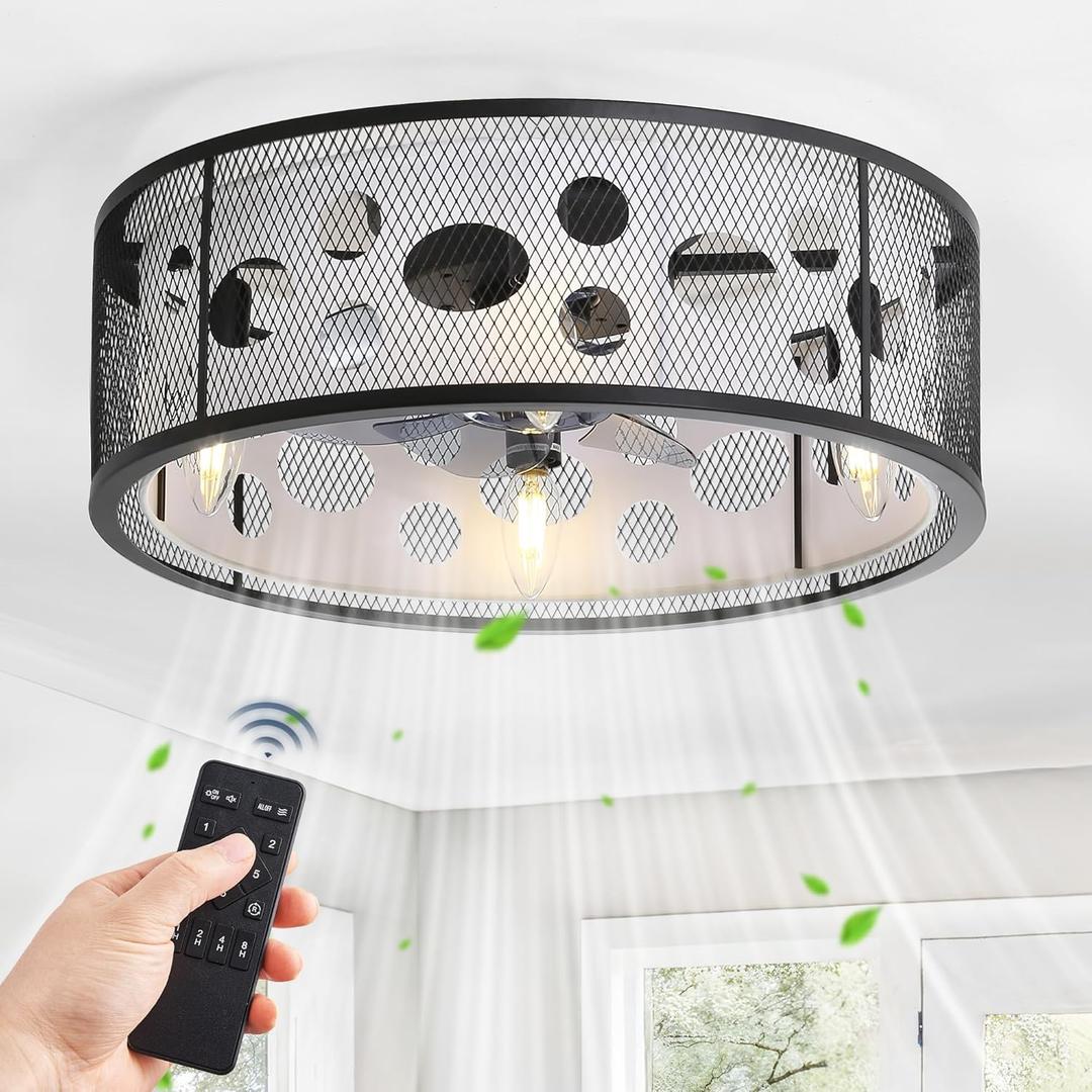 LEDIARY 18 Inch Boho Caged Ceiling Fans with Light,Small Farmhouse Flush Mount Ceiling Fan with Remote, Low Profile Bladeless Ceiling Fan Lights Fixtures for Kitchen Bedroom Dining RoomBlack