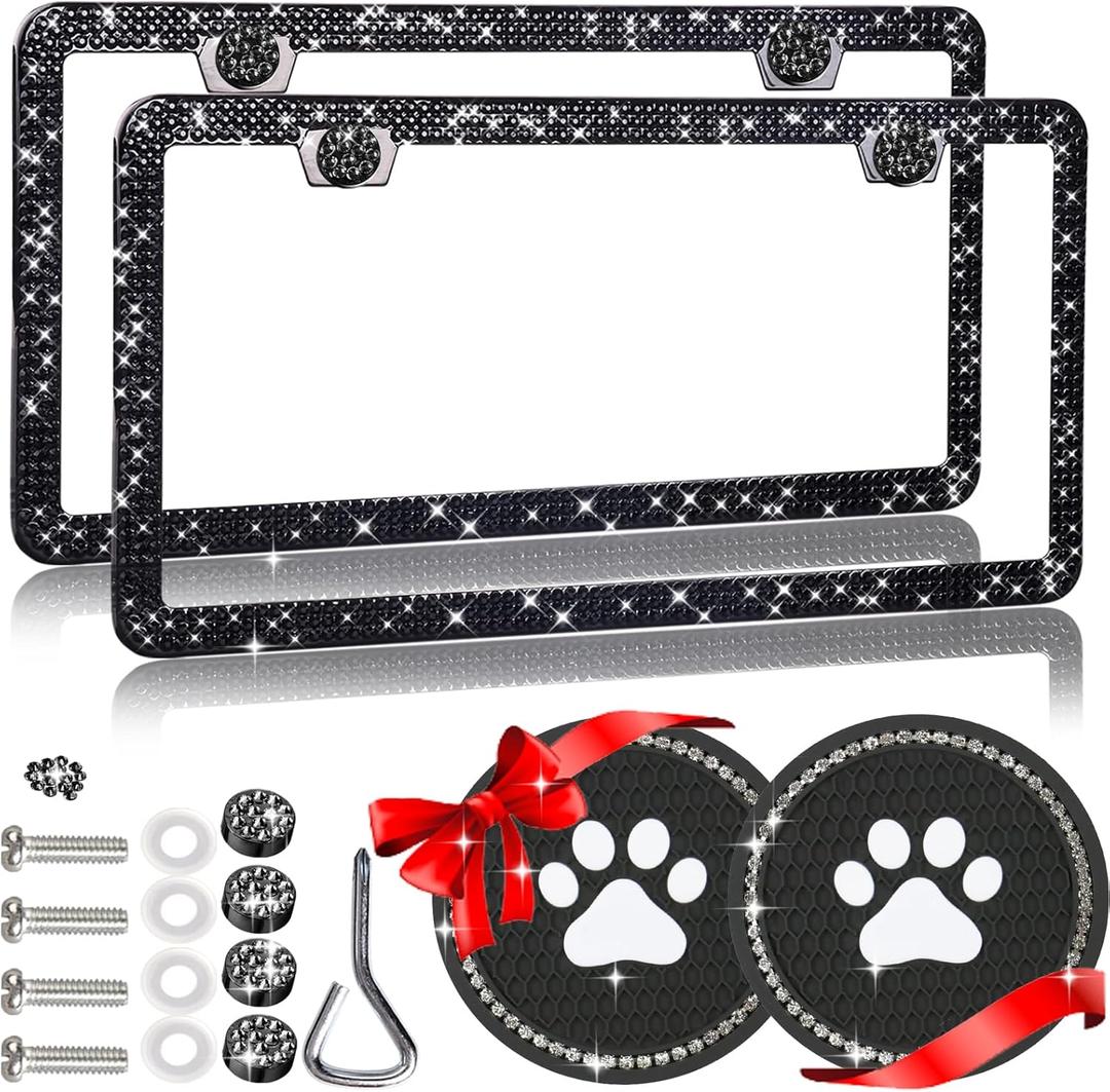 Black Bling License Plate Frames for Women Sparkly Rhinestone License Plate Frame Diamond Car License Plate Cover Glitter Bedazzled License Plate Holder 2 Pack with Bling Cup Coasters