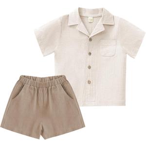 XMWEALTHY Toddler Baby Boy Summer Clothes Color Block Short Sleeve Button-down Shirt Tops + Cotton Pants Outfit Set (3-4T, Beige Khaki)