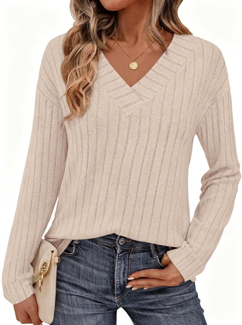 PRETTYGARDEN Fall Fashion 2026 Long Sleeve Shirts for Women Ribbed Knit V Neck Dressy Casual Lightweight Sweaters Tunic Tops (Beige, L)