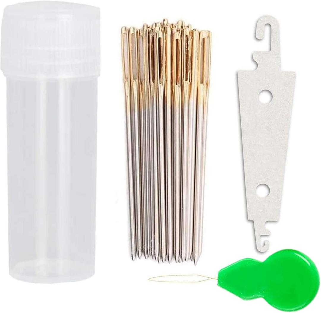 100pcs Cross Stitch Needles +2 Needle Threader Golden Color Large Eyes Cross Stitch DIY Embroidery Hand Needles Sewing Needles in Transparent Box (24#)