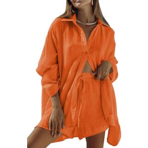 VamJump Women's 2 Piece Outfits Casual Long Sleeve Button Down Shirt and Shorts Tracksuit Matching Sets (Orange, M)