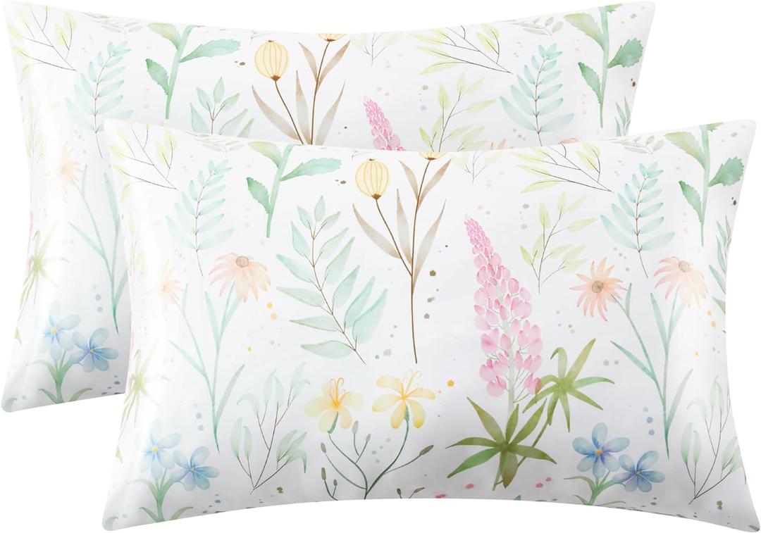 EXQ Home Satin Pillowcase for Hair and Skin- Multicolor Printed Flower Silk Pillowcase 2 Pack 20x26 inches - Standard Size Pillow Cases with Envelope Closure, Gifts for Women (13 Colorful Flowers)