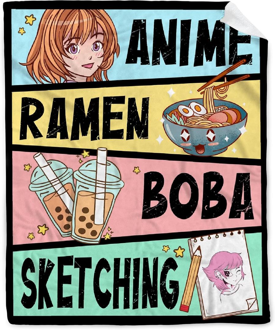 Anime Blanket Gifts for Girls Kawaii Anime Decor for Women Anime Ramen Boba Sketching Flannel Blanket Anime Lover Stuff, Luxurious Warm and Cozy for S 40X50 Inch for Kids/Child