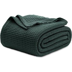 Bedsure Gentlesoft 100% Cotton Blanket Queen Size for Bed - Breathable and Soft for Spring Summer, Thick Cozy Waffle Weave Blanket Gifts for Women, Dark Green, 90x90 Inches