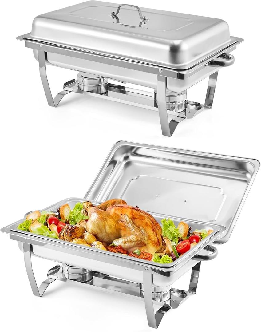 2 Pack Chafing Dishes for Buffet, 8QT Stainless Steel Chafers with Lids, Pans & Fuel Holders, Buffet Warmers Sets for Parties, Events, Banquets, Weddings, Dinners