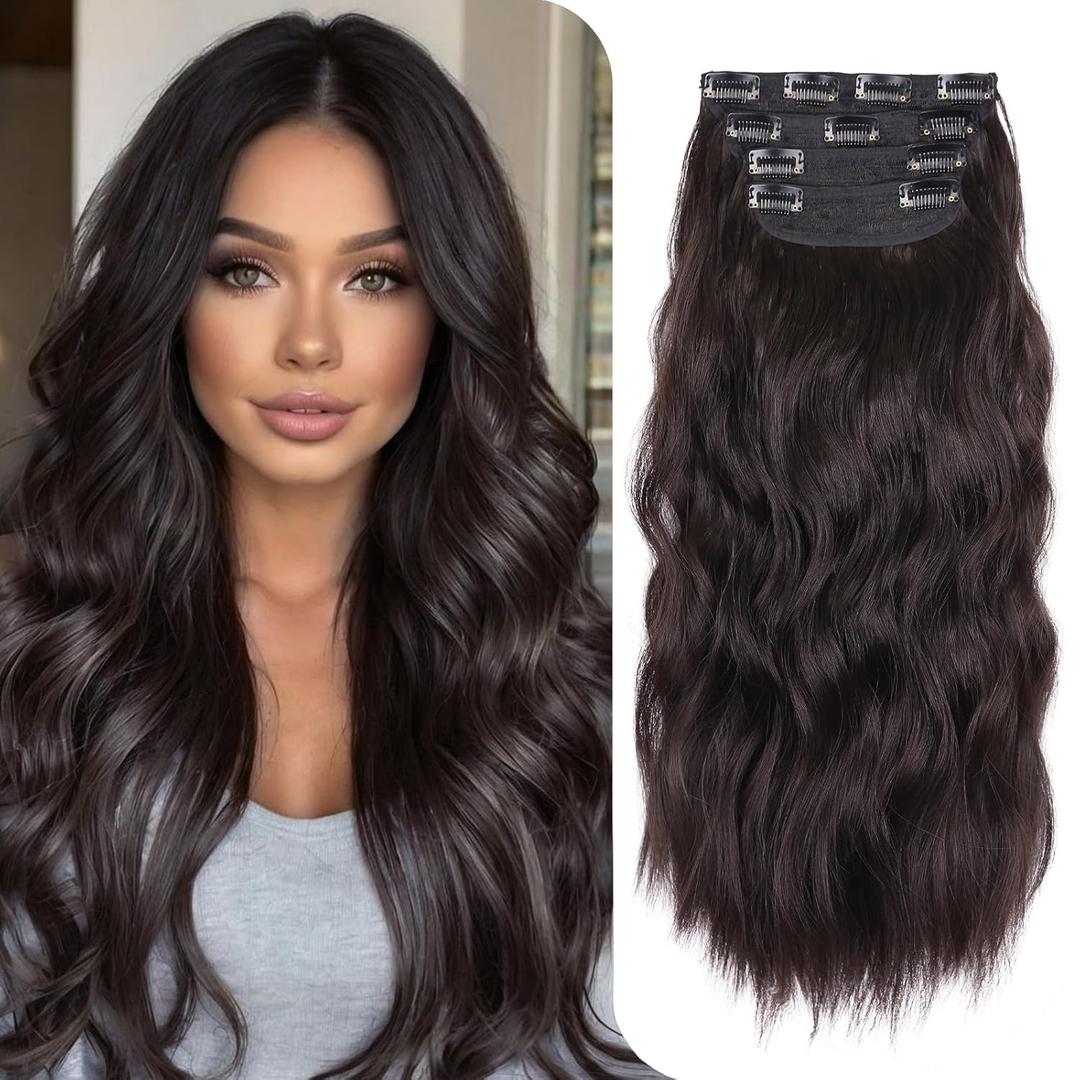 Clip in Synthetic Hair Extensions Long Wavy 4PCS Thick Natural & Soft Hairpieces Dark Brown Synthetic Hair Extensions 20 Inch for Women