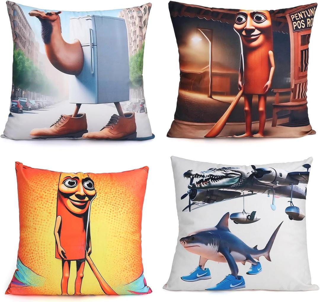 2 x Italian Brainrot Pillowcase Set - 4-Piece 100% Cotton Sateen, Hand-Painted Rot Brain Illustration, Breathable & Cool for Superior Sleep, Home Decoration Art 18" x18inch(45x45cm)