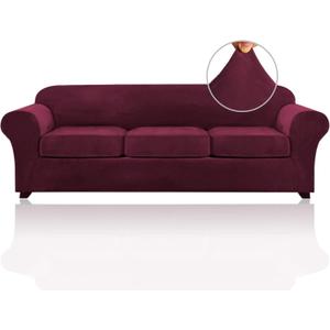 PrinceDeco Velvet XL Couch Cover for Oversized Sofa 4 Piece Sofa Covers for 3 Cushion Couch Washable Furniture Protector with Non Slip Elastic Bottom Width Up to 105 Inch(X-Large, Burgundy)