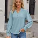 Long Sleeve Shirts for Women V Neck Fall Tops 2025 Trendy Dressy Casual Smocked Cuffs Outfits Cute Tunic Fashion Blouses Clothes Light Blue S (Blue, S)