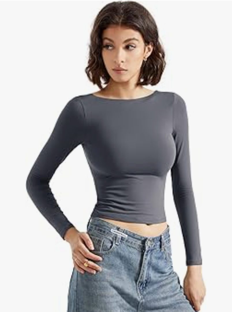 SUUKSESS Women Backless Going Out Tops Double Lined Open Back Basic Long Sleeve, Small