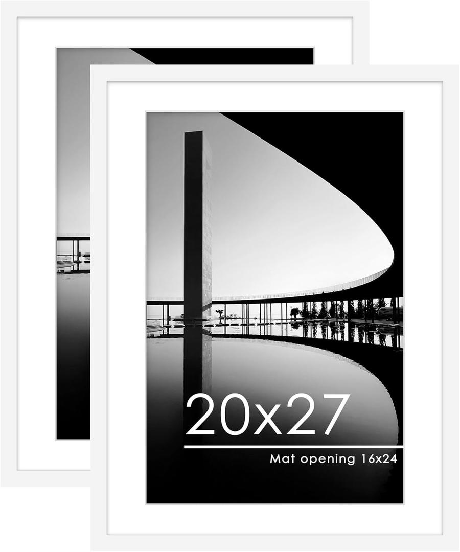 PEALSN 20x27 Picture Frame Set of 2, Display Pictures 16 x 24 with Mat or 20 x 27 Without Mat for Wall Mounting Display, Poster Frames, White