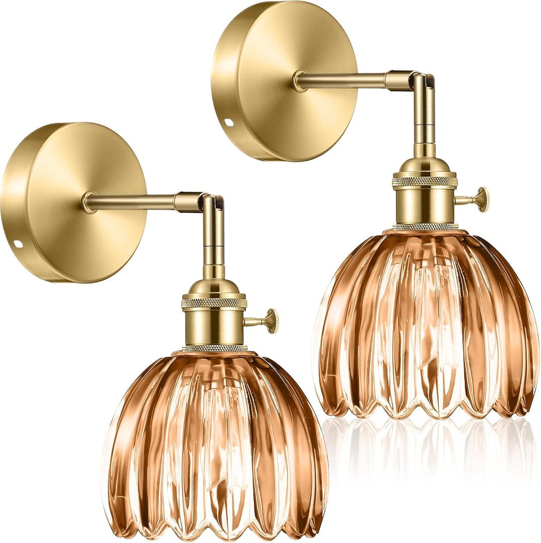2 Pcs Vintage Wall Sconce with Tulip Glass Shade 180 Degree Adjustable Hanging Brass Sconces Hardwired Modern Lamp Fixtures Decor for Bedside Indoor Doorway Including Light Bulb (Amber)