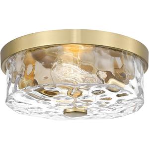 Flush Mount Ceiling Light with Water Ripple Glass Shade, Modern 2-Light Ceiling-Mount Light Fixtures for Bedroom Living Room Gold Metal Farmhous Ceiling Lamp for Lighting and Decoration,Brushed Gold