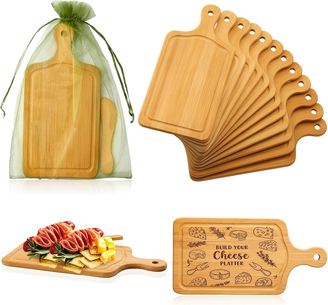 Nuenen 20 Pcs Mini Wooden Charcuterie Board Bulk, Small Wood Cutting Board for Crafts Laser Engraving with Knives Organza Bags Wedding Baby Shower Favors Gift (Square,Bamboo Color)