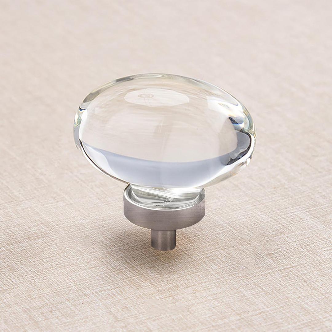 4 Pack Glass Cabinet Knobs and Pulls, Oval Crystal Cabinet Knobs for Dresser Drawers, Brushed Nickel Kitchen Egg Shape