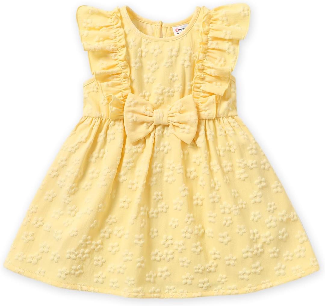 PATPAT Toddler Baby Girls Summer Dresses Spring Clothes Flower Sundress Ruffle Sleeve Bowknot 3-24 Months (Yellow Floral)