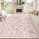 Pink Rug for Living Room 8x10, Soft Large Washable Area Rugs for Bedroom Girls, Boho Cute Floral Indoor Decor Non Slip Low Pile Carpet for Nursery Girls Room Kids Playroom