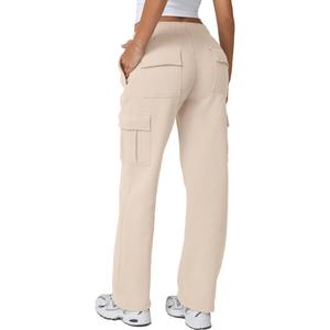 QINSEN Baggy Medium Waist Elastic Sweatpants for Womens Casual Long Fleece Cargo Pants with Pockets (X-Large, Beige)