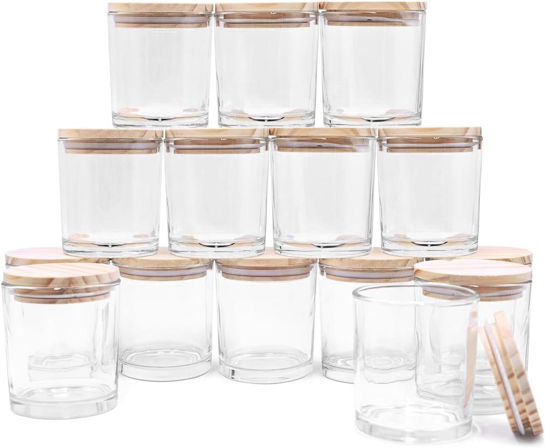SHOWIN 8 OZ Thick Candle Jars for Making Candles 15 Pcs, Clear Empty Jars with Wood Lids for Candle Making, Sample Container