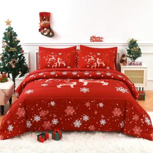 YIYEA Christmas Comforter Set, 7 Pieces Bed in a Bag, Christmas Bedding Sets with Comforter, Flat Sheet, Fitted Sheet, 2 Embroidered Pillowcases, and 2 Printed Pillowcases, King