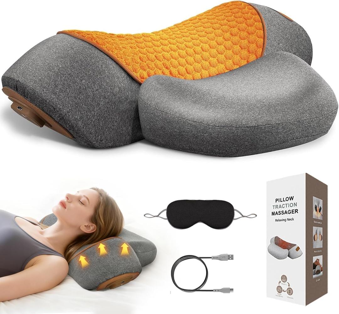 Neck Massager Pillow, 3-in-1 Pillow Massage Neck Hump with Heating, Ergonomic Cervical Traction, Stretching and Vibration, Neck Pillow for Shoulder Relief, Relieves Deep for Women