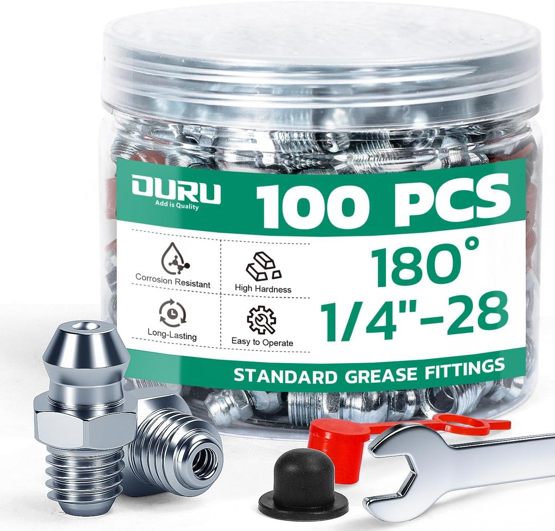 100PCS 1/4"-28 Grease Fittings Kit, SAE Zerk Grease Fittings Straight with Grease Fitting Caps & Wrench Kit(8mm) for Grease Gun