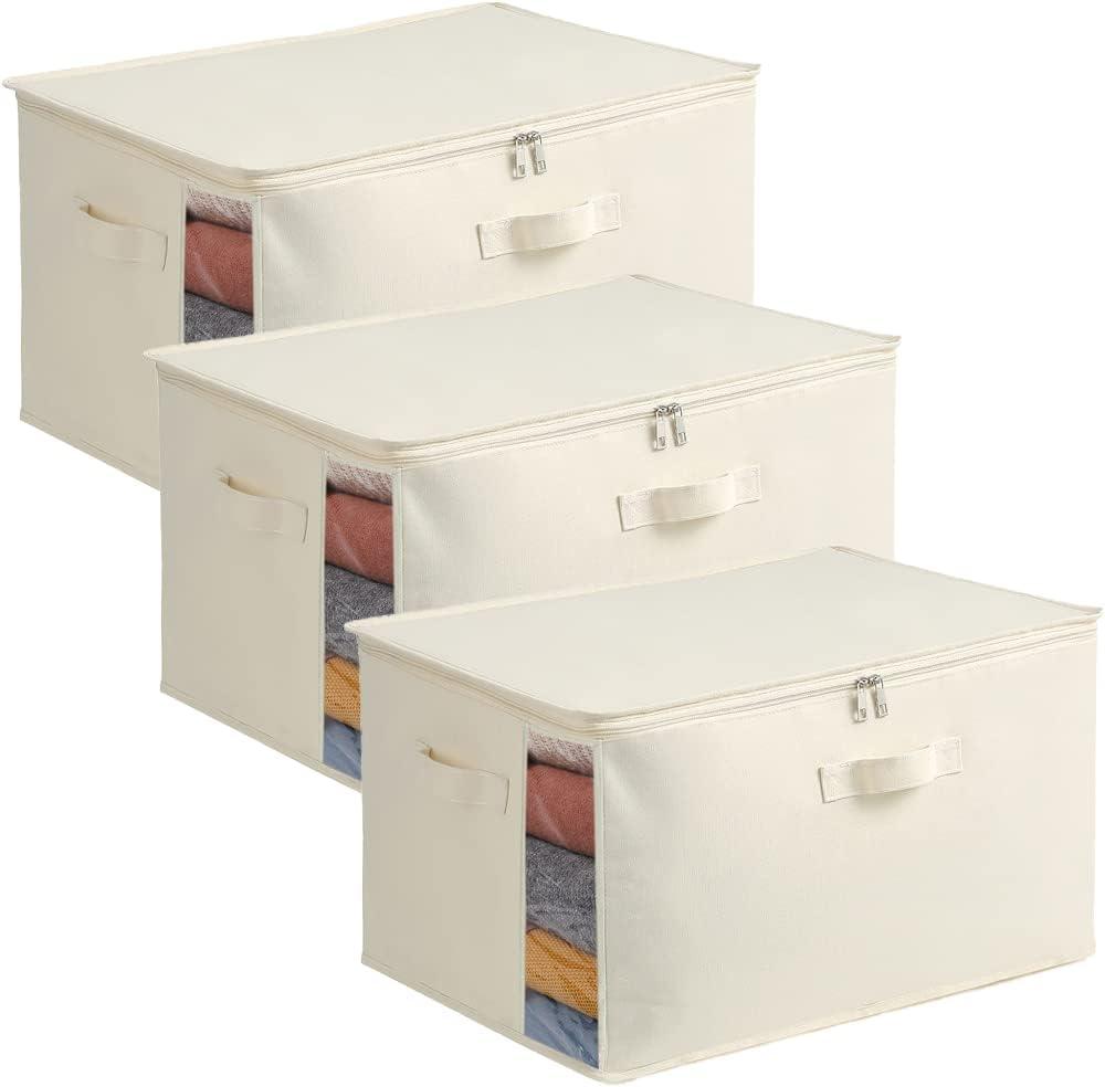3-Pack Large Canvas Comforter Storage Bags for Clothes Sweater Clothes Organizer with Dual Zipper Three Carrying Handles for Blanket Closet Storage Container (Natural Color)