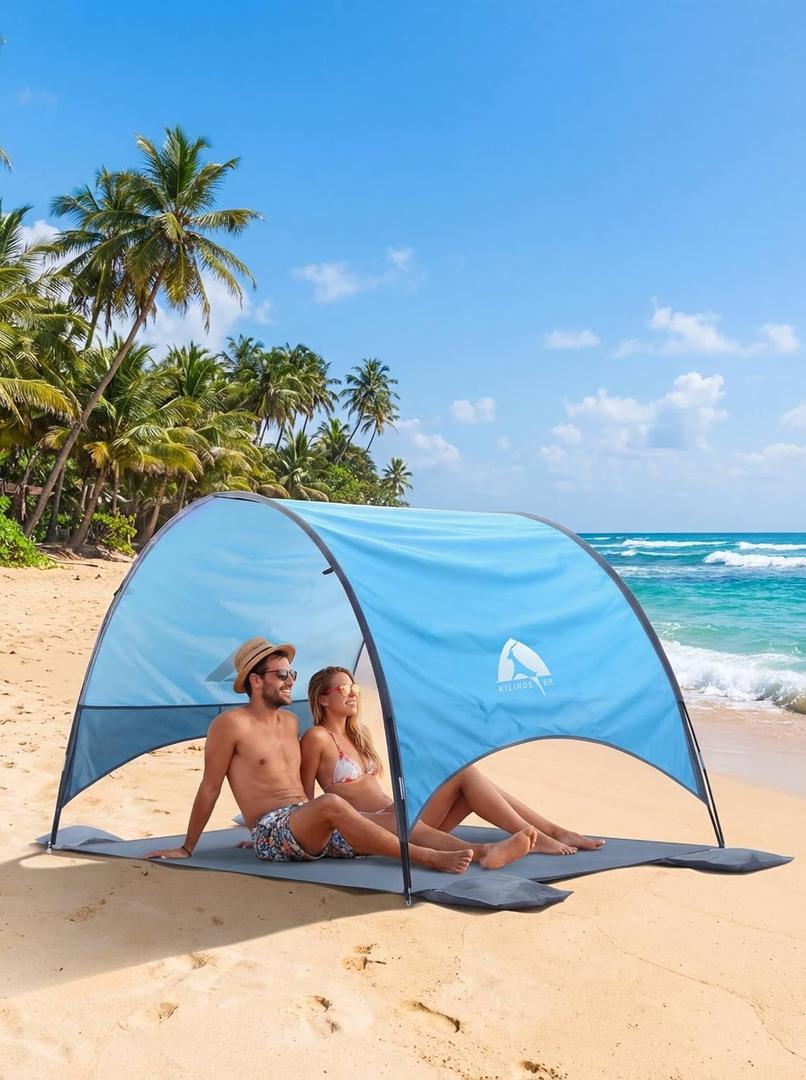 Beach Umbrella with UPF 50+ UV Protection, Portable Beach Tent Canopy with 360 Ventilation, 4 Sandbags, Wind Ropes & Stakes, Storage Pockets for Beach, Travel, Backyard (4)