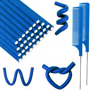 60 Pieces Flexible Curling Rods 9.45 x 0.31 inches, Soft Foam No Heat Hair Rollers for Long Hair Short Hair Women Girls, Hair Curlers Set with Steel Pintail Rat Tail Comb, Dark Blue