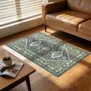 Washable Boho Area Rug,2x3 Dark Green Blue Vintage Distressed Living Room Bedroom Rugs,Stain Resistant with Non Slip Rubber Back Accent Floor Carpet