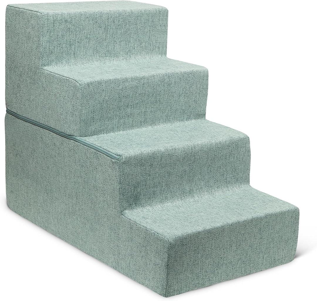 Best Pet Supplies Dog Stairs & Steps - Foam Steps for Small Dogs & Cats, Non-Slip Indoor Balanced Pet Step Support, Dog Ramp, No Assembly, Pale Teal, Foldable 4-Step (22-inch Height)