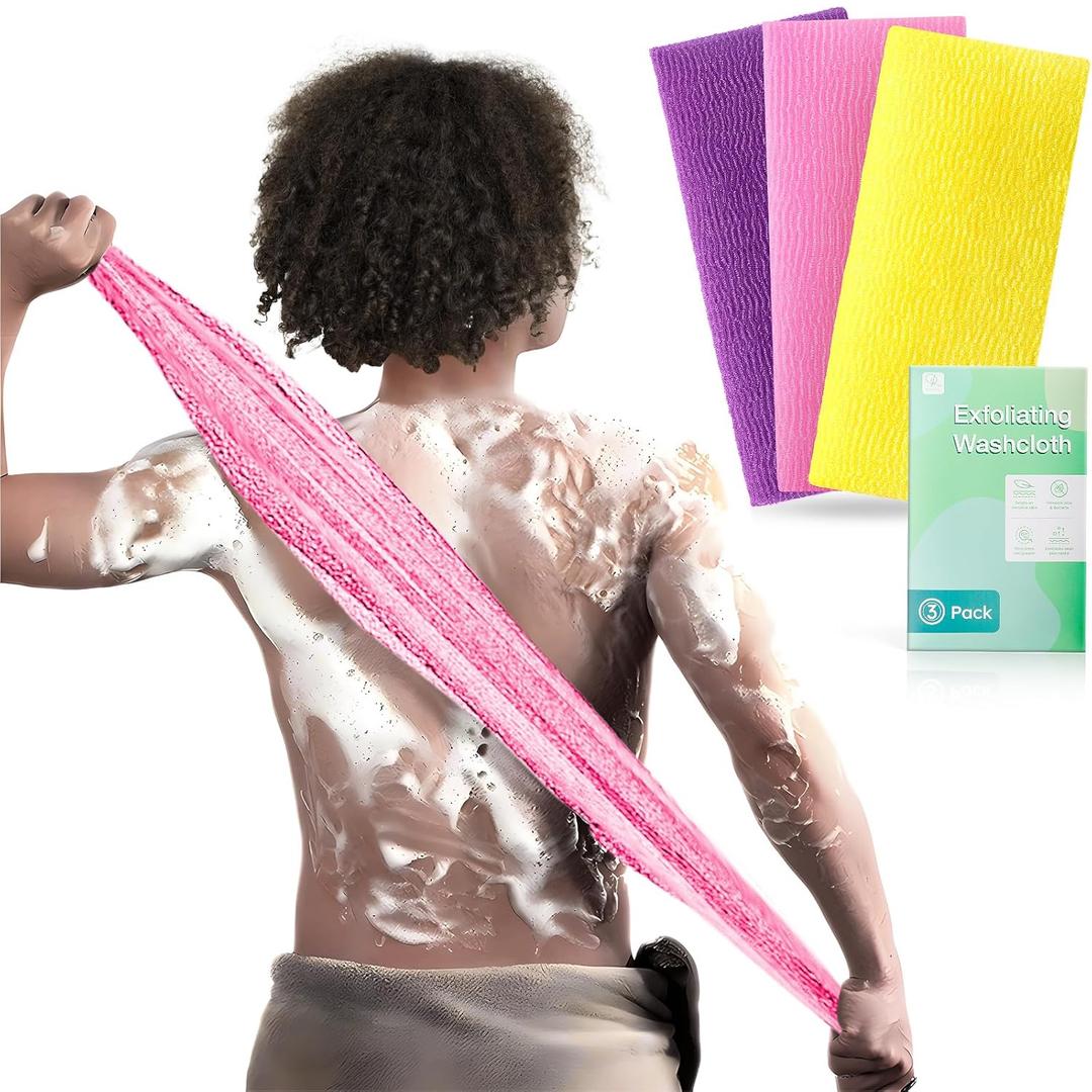 3 Pieces Exfoliating Washcloth Shower Towel African Net Sponge Japanese Wash Cloth Face Exfoliating Sponge Loofah Exfoliating Body Scrubber for Body Exfoliation (Yellow Pink Purple)