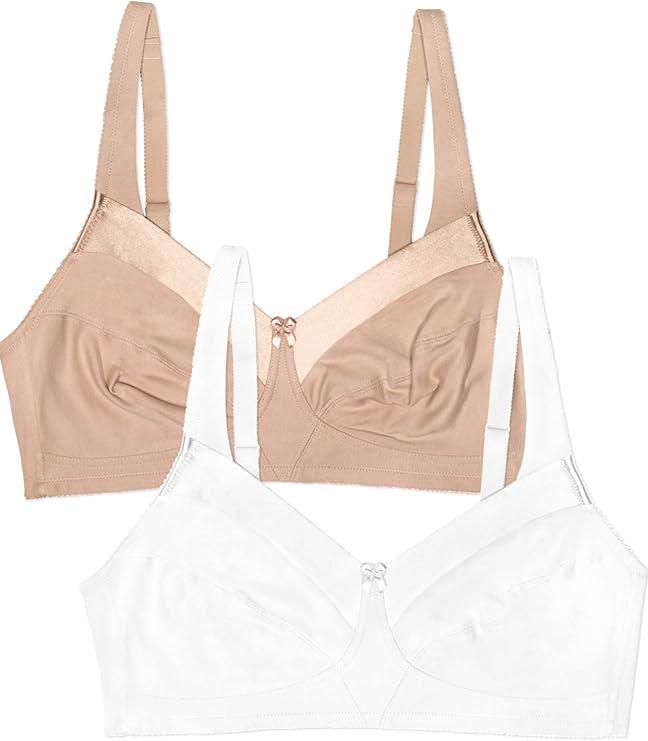 Fruit of the Loom Women's Seamed Soft Cup Wirefree Cotton Bra with Satin Trim, Pack of 2 (44C, White)