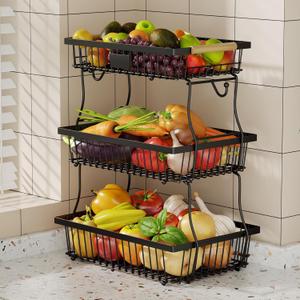 3 Tier Fruit Basket for Kitchen Counter with 2 Banana Hangers, Countertop Metal Fruit Bowl with Wooden Handle, Large Storage Stand for Vegetables, Snacks, Breads, Produce Storage  Black