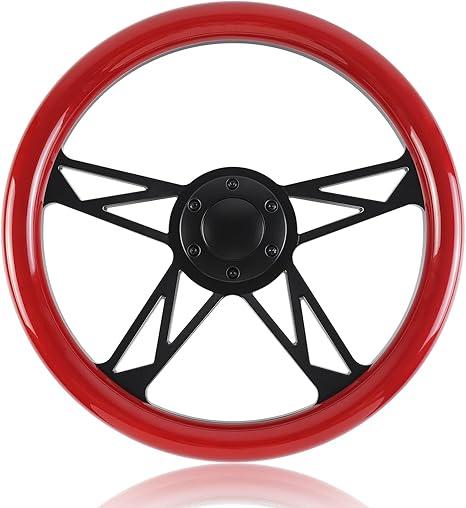 QYMOPAY 14 Inch Wooden Racing Steering Wheel, Universal Six Hole Bolt Steering Wheel with Horn Buttons 4 Spoke for Rally/Motorsport/Car Simulator Driving (Red)