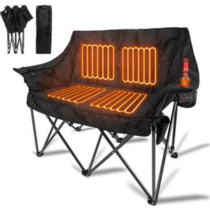 Double Heated Camping Chair, Fully Padded Loveseat Camping Chair w/ 1x Cup Holder, 1x Ice Bag, 2 Person Camping Couch Heated for Outdoor, Sports, Patio, Supports 600lbs, Black, No Power Bank
