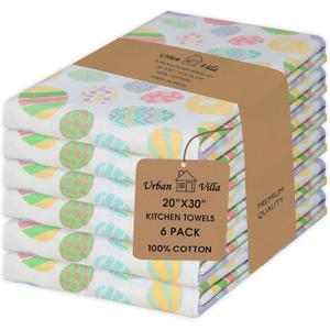 Urban Villa Kitchen Towels Set of 6 Dish Towels for Kitchen 100% Cotton Easter Print Kitchen Towels Mitered Corners Oversized 20X30 Inches Kitchen Towels Highly Absorbent Kitchen Hand Tea Towels (017 Egg Print)